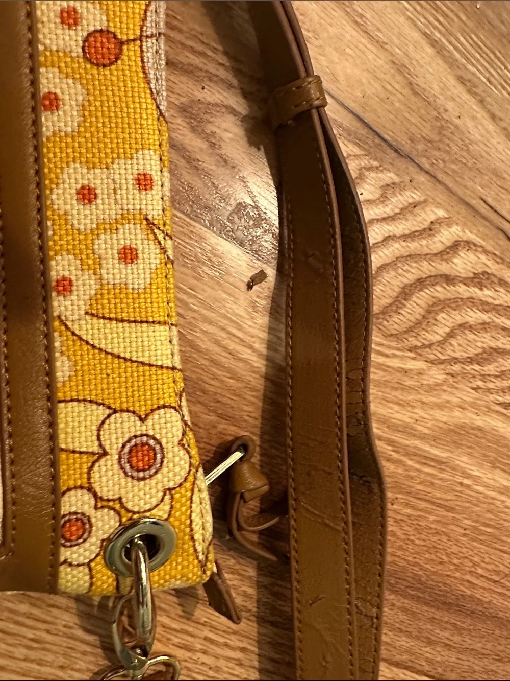 Spartina 449 Yellow Floral Canvas Crossbody Bag with Tan Trim leather and linen